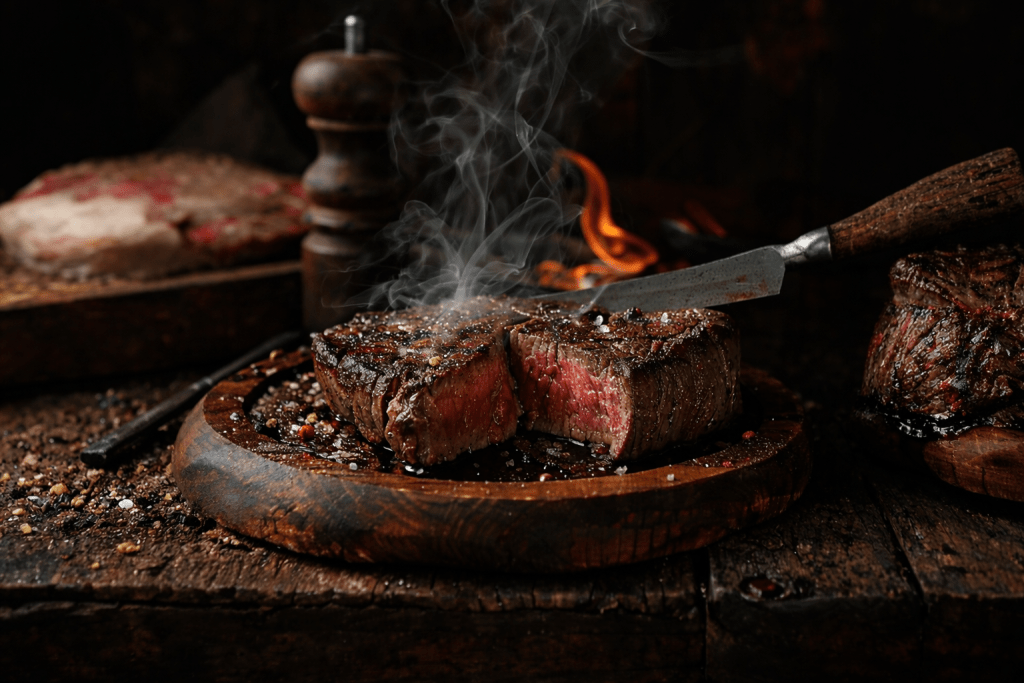 juicy medium rare steak on wooden board